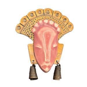 Tribal Mexican style pink face mask w copper metal accents vintage brooch pin
